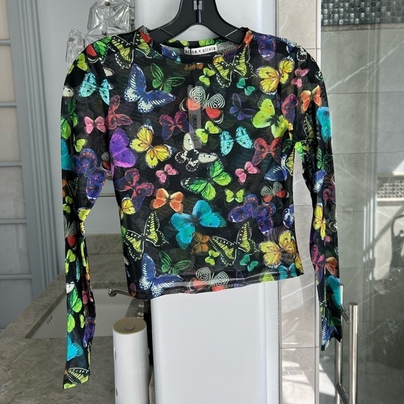 Alice + Olivia Delaina Butterfly Mesh Crop Top Butterfly High Black - Picture 7 of 12